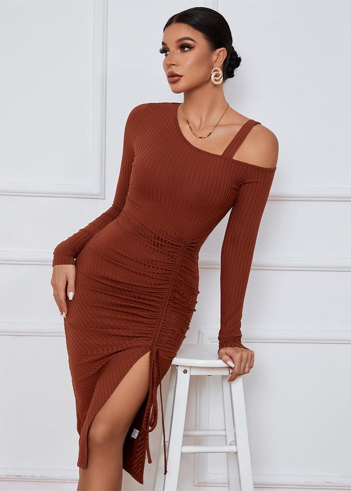 Asymmetrical Shoulder Ribbed Midi Dress