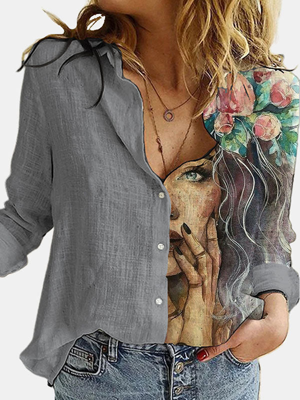 Stylish Asymmetric Floral Printed Lapel Long Sleeves Blouse Tops