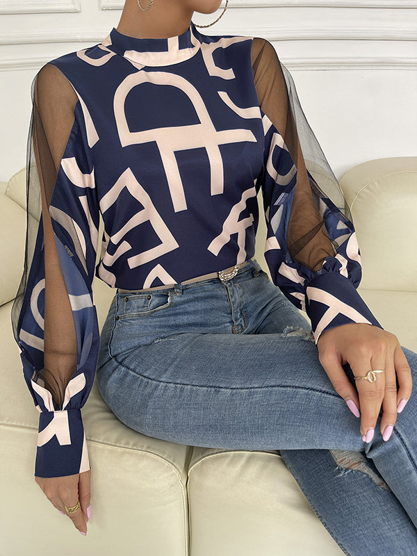 Long Sleeves Buttoned Hollow Letter Print See-Through Split-Joint Round-neck Blouses&shirts Tops Shirts Tops