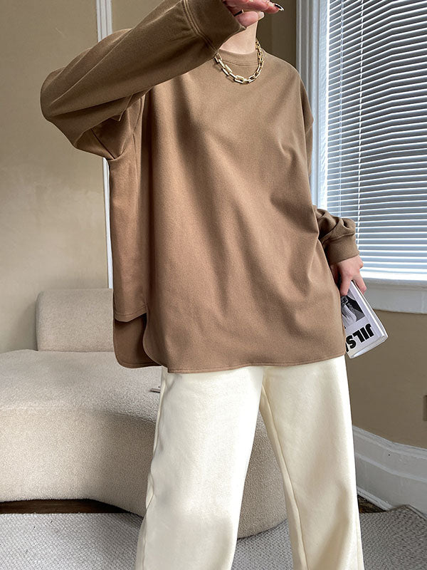 Casual Long Sleeves Loose Solid Color Round-Neck T-Shirts Tops