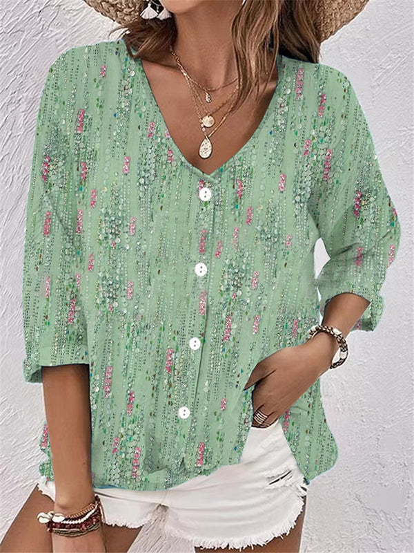 Long Sleeves Loose Buttoned Flower Print V-Neck Blouses&Shirts Tops