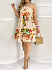 Loose Sleeveless Contrast Color Leaf Printed Halter-Neck Mini Dresses