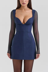 Deep V Neck Mesh Patchwork Long Sleeve A-Line Mini Dresses-Blue [Pre Order]