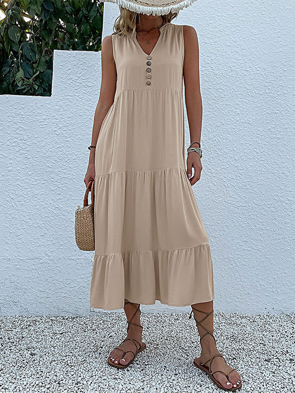 Loose Sleeveless Pleated Split-Joint V-Neck Midi Dresses