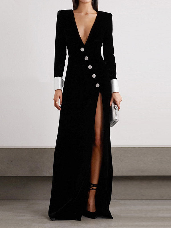 Long Sleeves Skinny Asymmetric Buttoned Shoulder Pad Split-Front Deep V-Neck Maxi Dresses