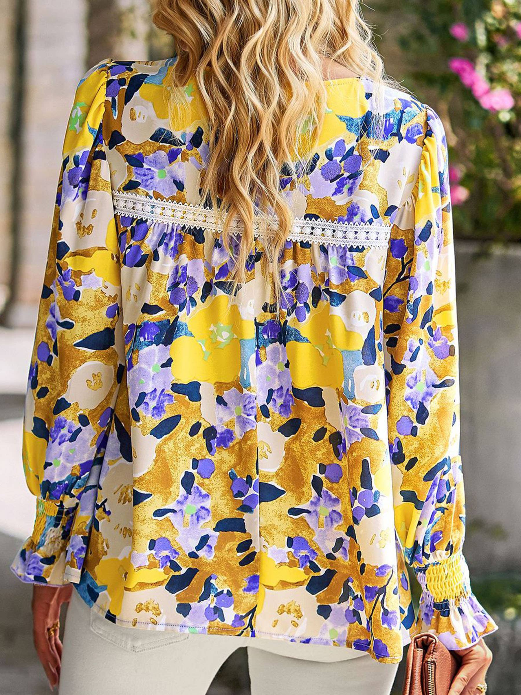 Women's Floral Print Flounce Long Sleeve Blouses