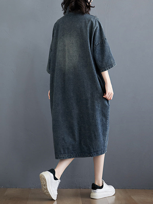 Denim Split-Joint Plus Size Half Sleeve Lapel Shirt Dress