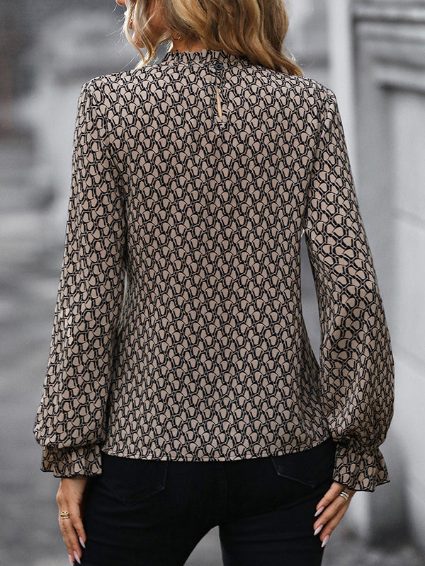 Long Sleeves Bandage Belted Leopard Printed Round-Neck Blouses&Shirts Tops