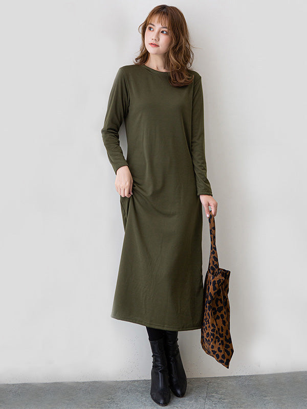 Simple Solid Color Round-Neck A-Line Midi Dress