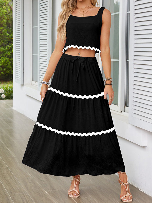 Sleeveless Striped Square-Neck Vest Top + A-Line High Waisted Drawstring Elasticity Pockets Skirts Bottom Two Pieces Set