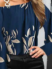 Long Sleeves Loose Buckle Hollow Leaves Print One-Shoulder Blouses&Shirts Tops