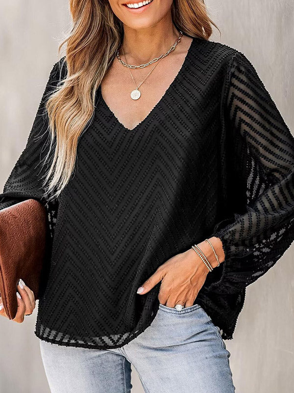 Loose Puff Sleeves Jacquard Pleated See-Through Split-Joint V-Neck T-Shirts