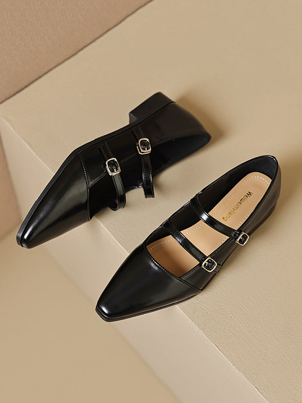 Belt Buckle Pointed-Toe Split-Joint Flat Shoes Mary Janes