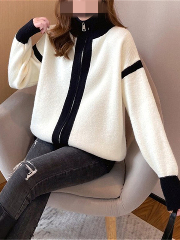 Casual Long Sleeves Contrast Color Zipper Stand Collar Cardigan Tops