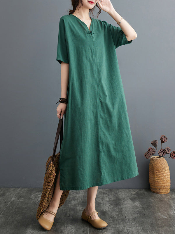 A-Line Loose Chinese Frog Buttons Pockets Solid Color Split-Side V-Neck Midi Dresses