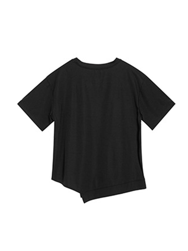 Loose Short Sleeves Asymmetric Solid Color Split-Joint Round-Neck T-Shirts Tops