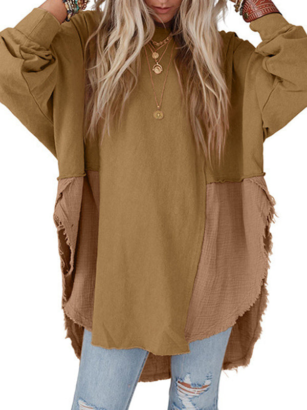 High-Low Long Sleeves Fringed Split-Joint Split-Side Round-Neck Sweatshirt Tops