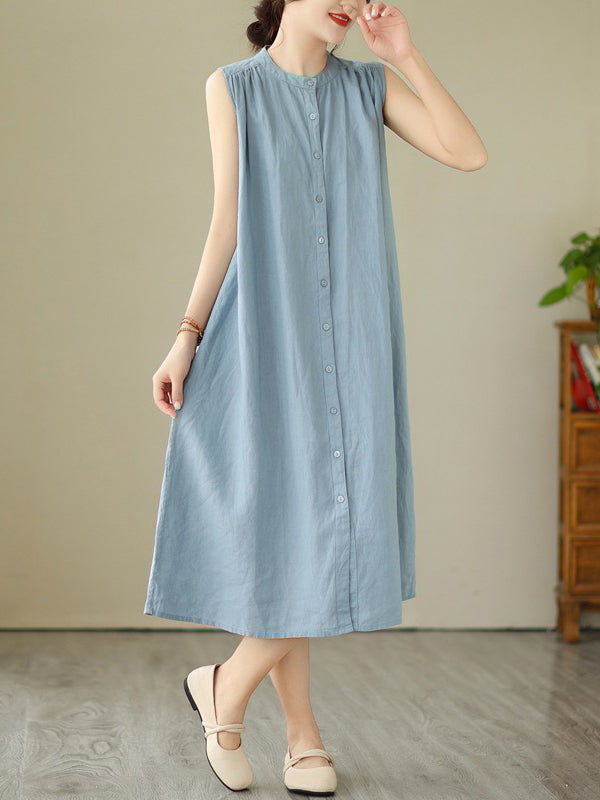 A-Line Sleeveless Buttoned Pleated Solid Color Round-Neck Midi Dresses