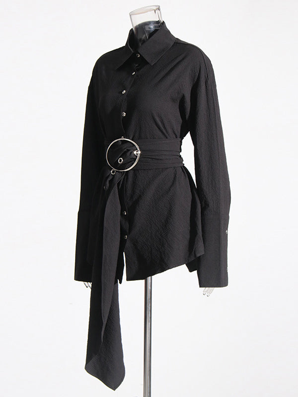 Long Sleeves Loose Belted Buttoned Lapel Mini Dresses Shirt Dress