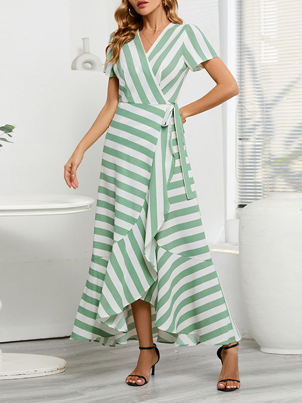 High-Low Loose Split-Joint Striped Tied V-Neck Maxi Dresses