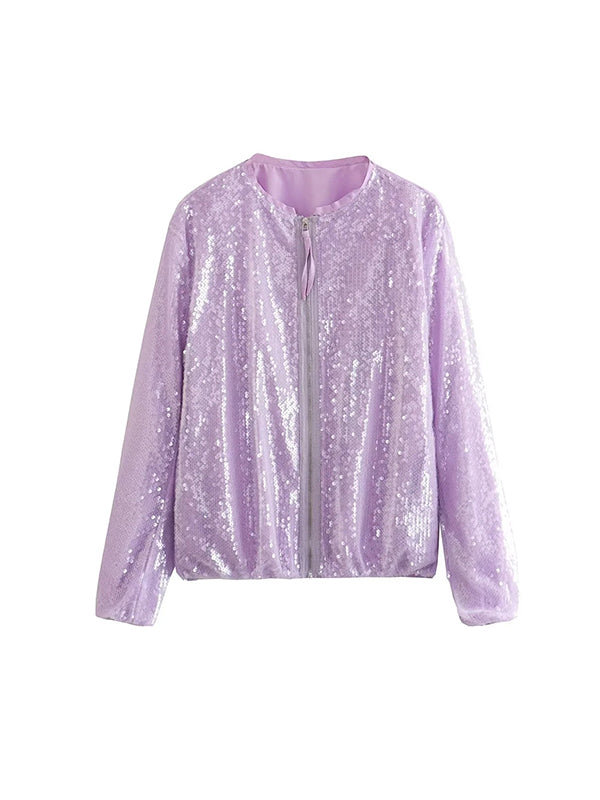 Loose Puff Sleeves Sequined Zipper Round-Neck Jackets Outerwear