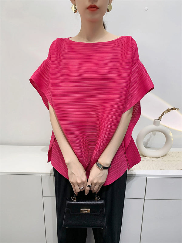 Batwing Sleeves Loose Pleated Solid Color Round-Neck T-Shirts Tops