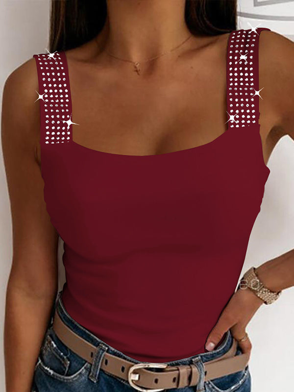 Skinny Sleeveless Elasticity Rhinestone Split-Joint Spaghetti-Neck Vest Top