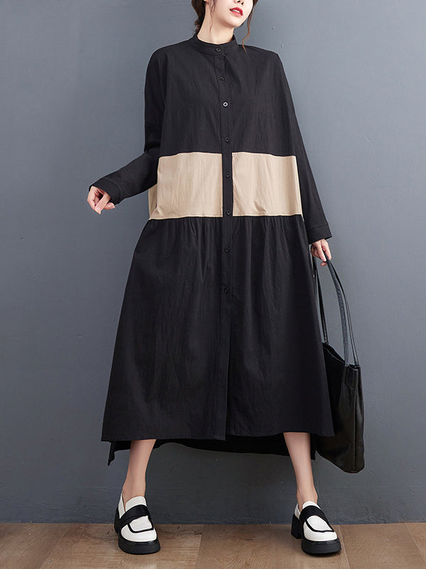 Original Creation Long Sleeves Loose Buttoned Contrast Color Stand Collar Midi Dresses