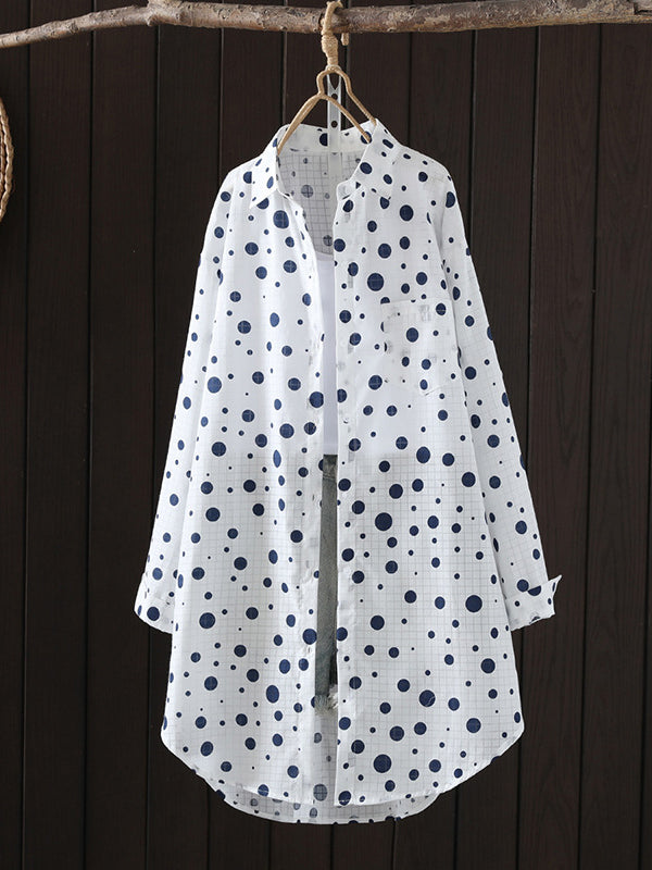 Long Sleeves Loose Polka-Dot Lapel Shirts Tops