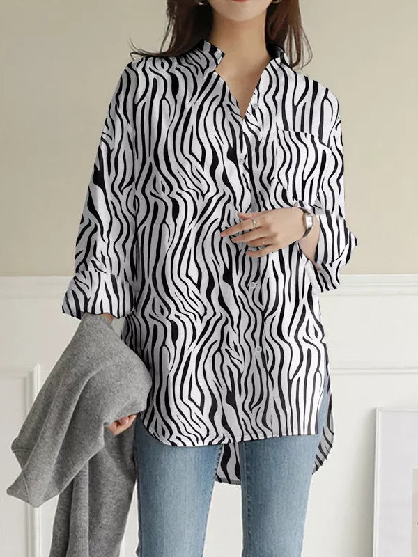 High-Low Long Sleeves Buttoned Pockets Split-Side Zebra-Stripe Lapel Blouses&Shirts Tops