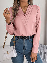 Long Sleeves Loose Pleated Solid Color Split-Joint V-Neck T-Shirts Tops