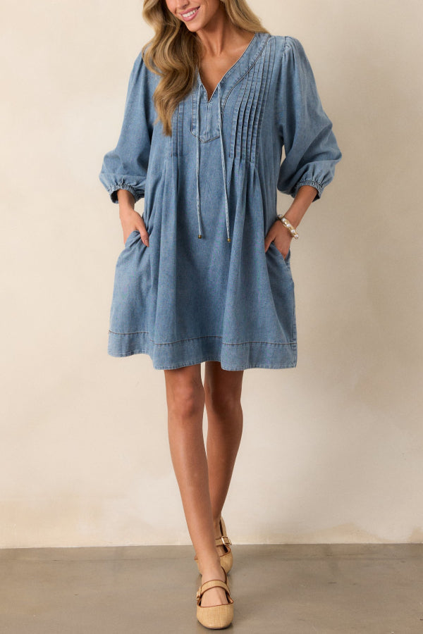 Fate Would Have It Denim Playful Pleats Pocket A-line Mini Dress