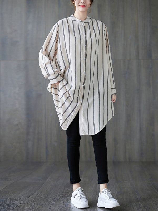 Long Sleeves Loose Buttoned Striped Blouses&Shirts Tops