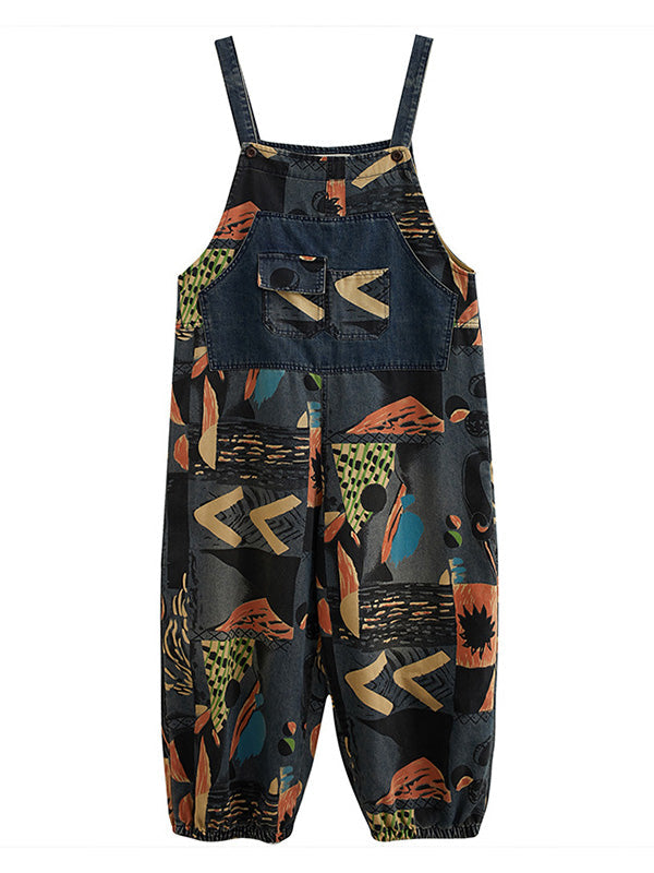 Original Cartoon Printed With Pocket Harem Denim Overalls