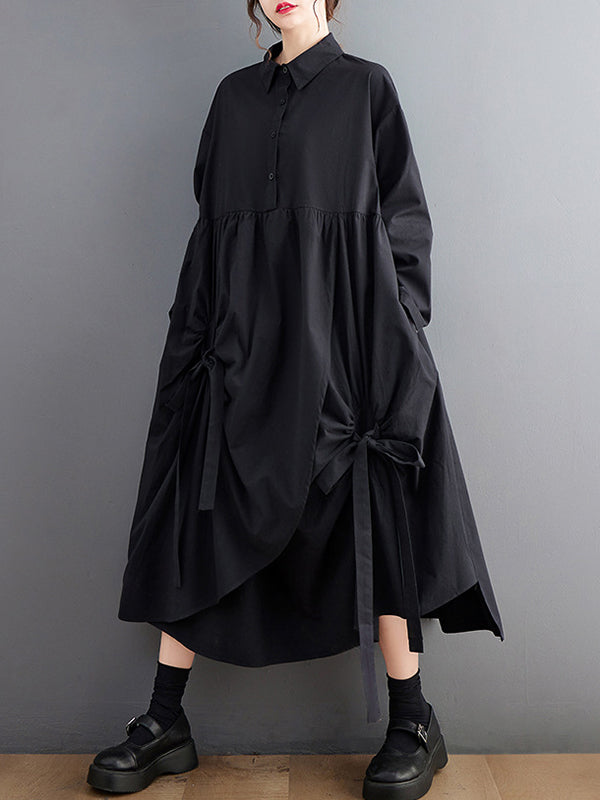 A-Line Long Sleeves Buttoned Pleated Pockets Solid Color Tied Lapel Midi Dresses Shirt Dress