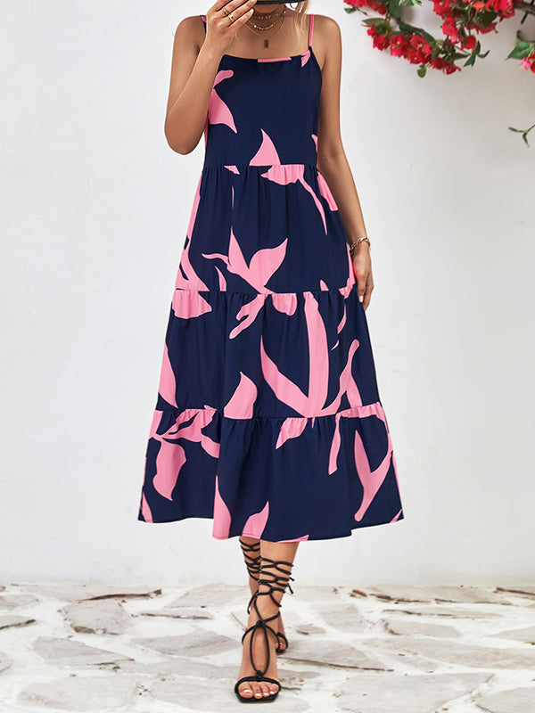 Loose Sleeveless Contrast Color Floral Printed Spaghetti-Neck Midi Dresses