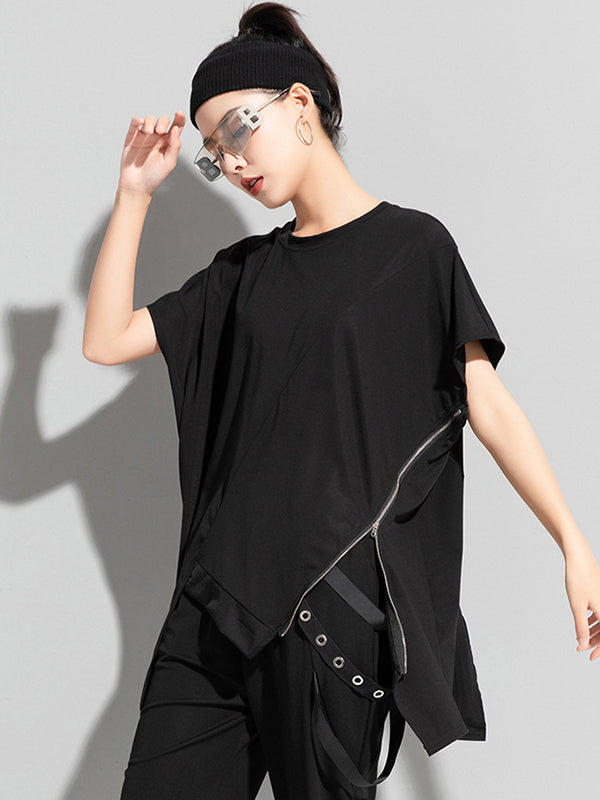 Stylish Irregular Zipper Split-Joint Black T-Shirt Top