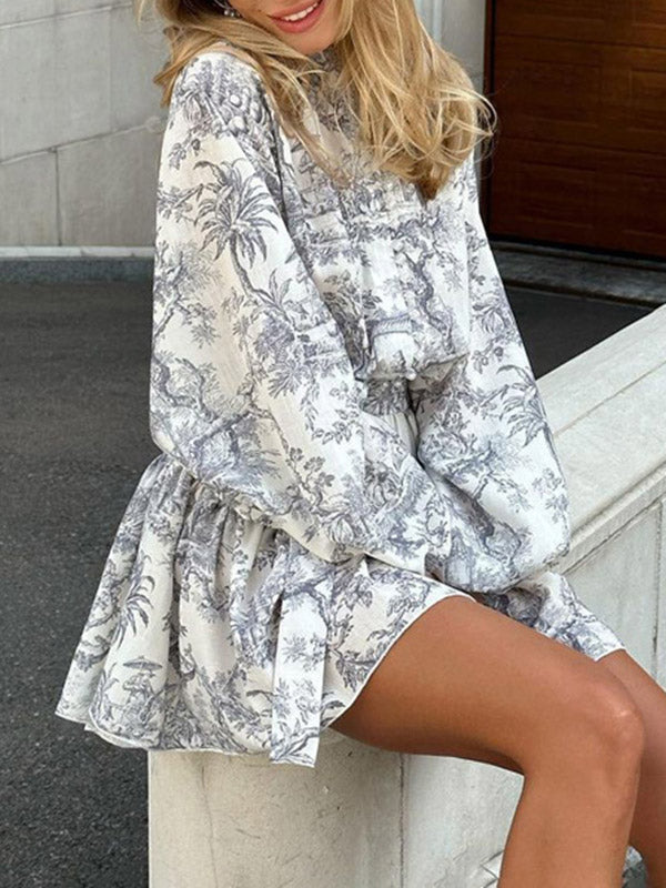 Loose Puff Sleeves Pleated Printed Split-Joint Tied Waist Stand Collar Mini Dresses