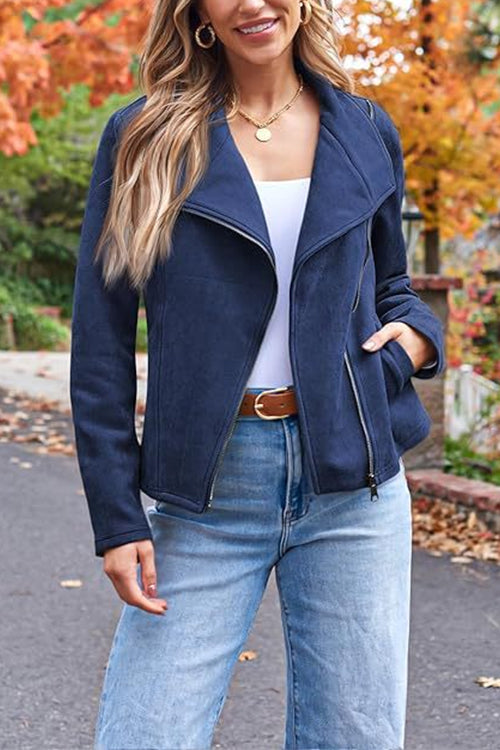 Zip Up Pocketed Faux Suede Moto Jacket