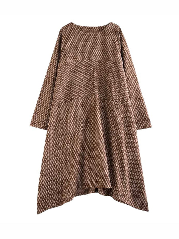 Long Sleeves Loose Pockets Printed Split-Joint Split-Side Round-Neck Midi Dresses