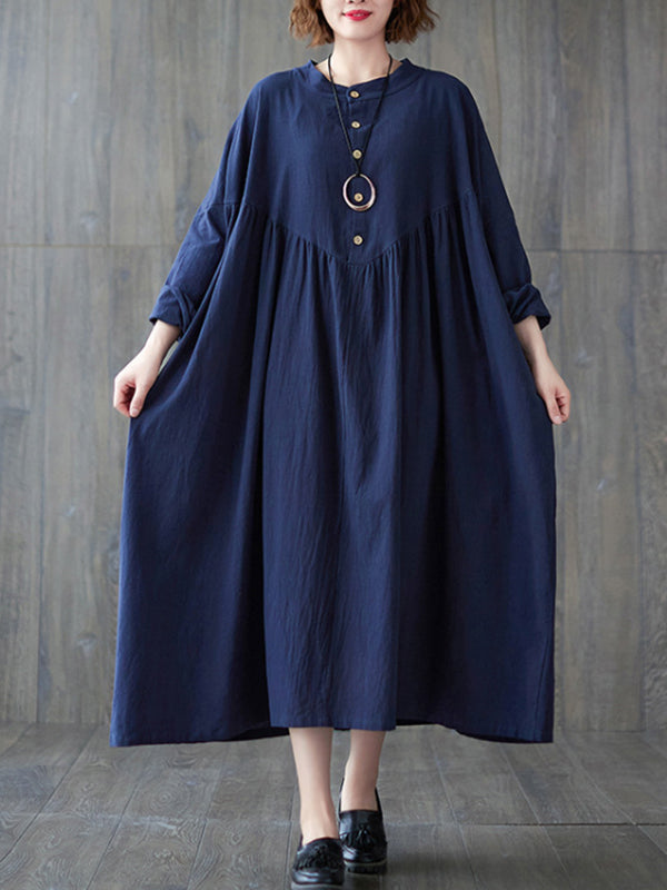 Loose Puff Sleeves Pleated Solid Color Stand Collar Midi Dresses