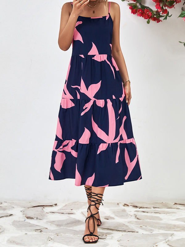 Loose Sleeveless Contrast Color Floral Printed Spaghetti-Neck Midi Dresses