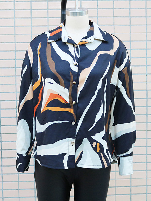 Long Sleeves Loose Buttoned Printed Lapel Blouses&Shirts Tops