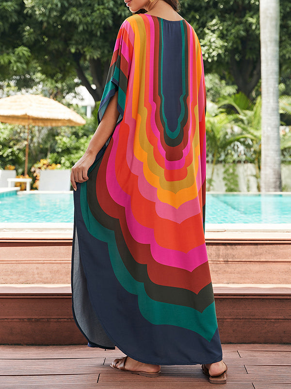 Batwing Sleeves Loose Contrast Color Printed Sun Protection Round-Neck Maxi Dresses