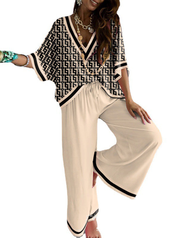 Urban Loose Printed V-Neck T-Shirts Tops& Drawstring Wide Leg Pants Suits