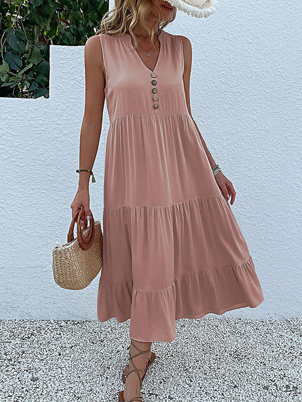 Loose Sleeveless Pleated Split-Joint V-Neck Midi Dresses