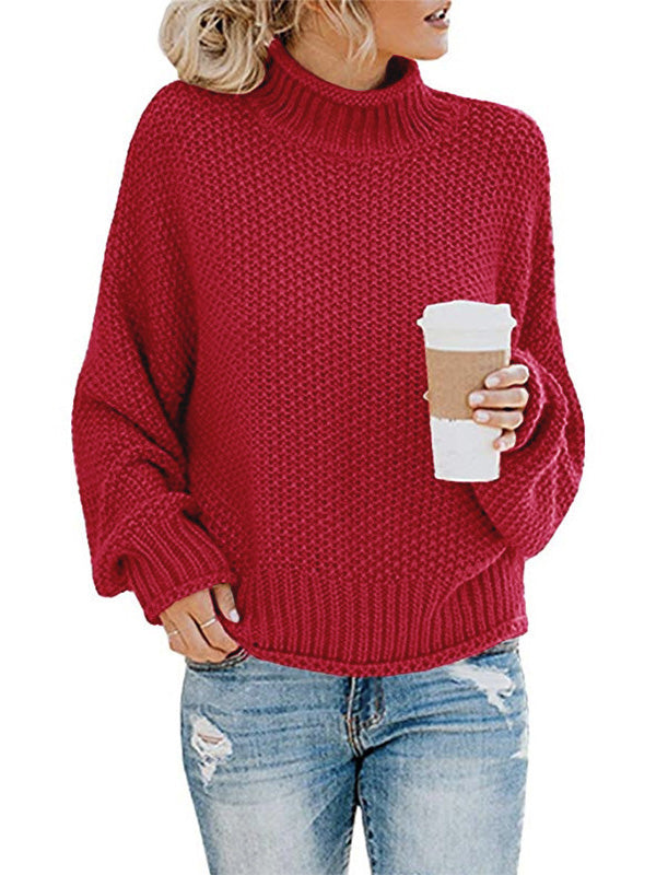 Casual Long Sleeves Solid Color High-Neck Sweater Tops