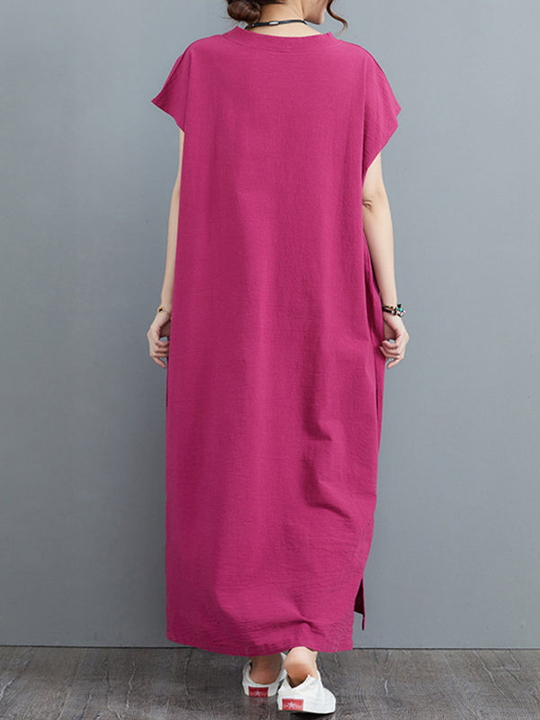 Simple Ramie Cotton Solid Color Split-Side With Pocket V-Neck Short Sleeves Maxi Dress