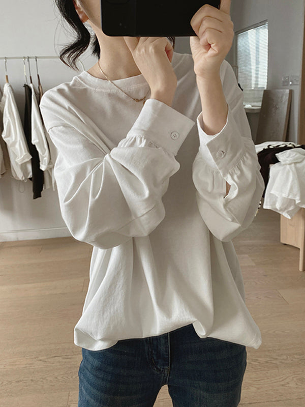 Long Sleeves Loose Solid Color Round-Neck T-Shirts Tops