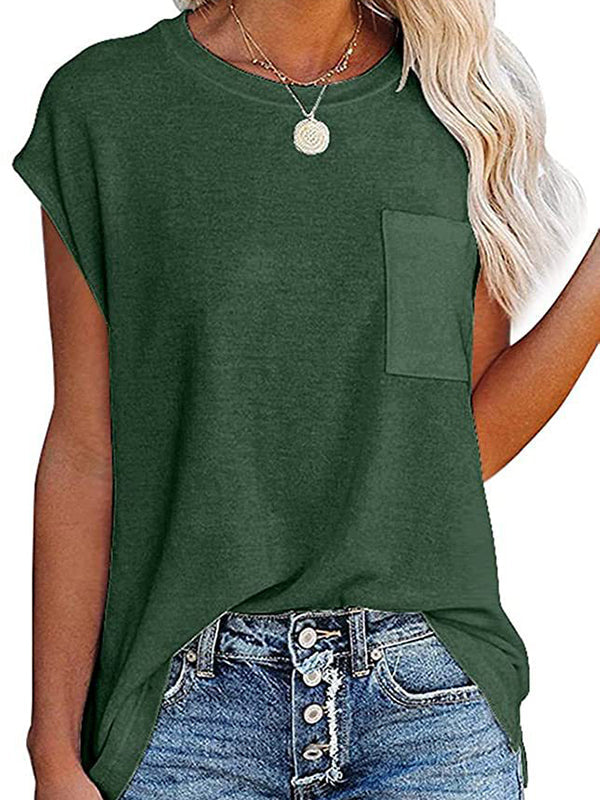 Simple Cotton-Blend Short Sleeves Round-Neck T-Shirt Top